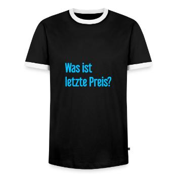 Was ist letzte Preis? - Männer Kontrast-T-Shirt - Schwarz/Weiß - Vorne - AI Model Female 172 light (172cm) & AI Model Male 178 light (178cm)