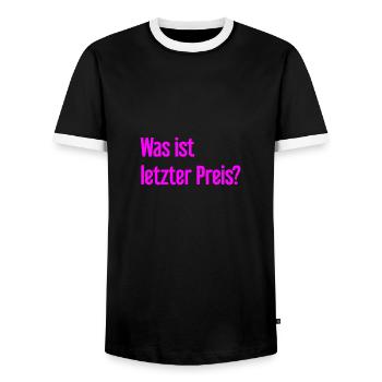 Was ist letzter Preis? - Männer Kontrast-T-Shirt - Schwarz/Weiß - Vorne - AI Model Female 172 light (172cm) & AI Model Male 178 light (178cm)