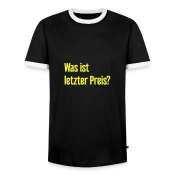 Was ist letzter Preis? - Männer Kontrast-T-Shirt - Schwarz/Weiß - Vorne - AI Model Female 172 light (172cm) & AI Model Male 178 light (178cm)
