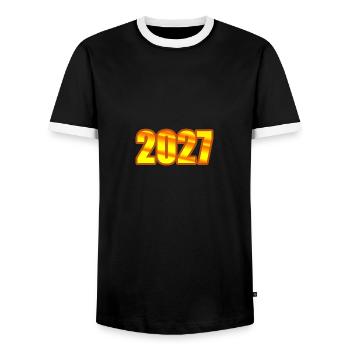 Year 2027 - Men's Ringer Shirt - black/white - Front - AI Model Female 172 light (172cm) & AI Model Male 178 light (178cm)