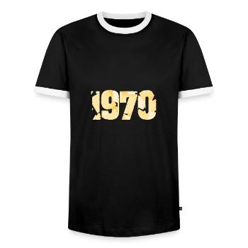 Année 1970 - T-shirt contrasté Homme - noir/blanc - Devant - AI Model Female 172 light (172cm) & AI Model Male 178 light (178cm)