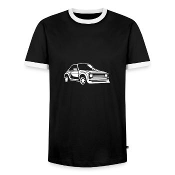 Rallye-Fahrzeug - Männer Kontrast-T-Shirt - Schwarz/Weiß - Vorne - AI Model Female 172 light (172cm) & AI Model Male 178 light (178cm)