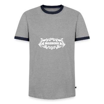 First name Ingeborg - Men's Ringer Shirt - grey/navy  - Front - AI Model Female 172 light (172cm) & AI Model Male 178 light (178cm)