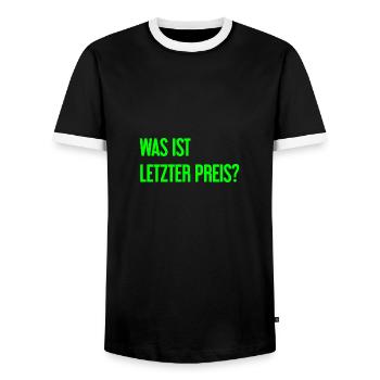 Was ist letzter Preis? - Männer Kontrast-T-Shirt - Schwarz/Weiß - Vorne - AI Model Female 172 light (172cm) & AI Model Male 178 light (178cm)