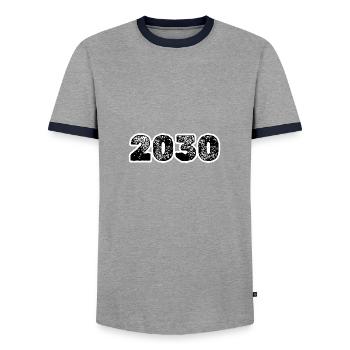 2030 - Men's Ringer Shirt - grey/navy  - Front - AI Model Female 172 light (172cm) & AI Model Male 178 light (178cm)