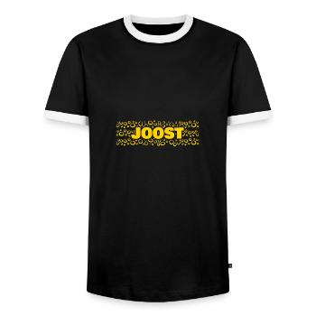 Joost as a first name - Men's Ringer Shirt - black/white - Front - AI Model Female 172 light (172cm) & AI Model Male 178 light (178cm)