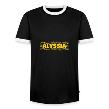 First name Alyssia - Men's Ringer Shirt - black/white - Front - AI Model Female 172 light (172cm) & AI Model Male 178 light (178cm)