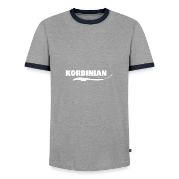 First name korbinian - Men's Ringer Shirt - grey/navy  - Front - AI Model Female 172 light (172cm) & AI Model Male 178 light (178cm)
