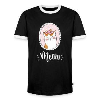 Niedliche Kawaii lustige Katze mit Blumen, die Miauen sagen - Männer Kontrast-T-Shirt - Schwarz/Weiß - Vorne - AI Model Female 172 light (172cm) & AI Model Male 178 light (178cm)