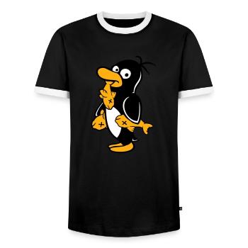 Penguin Eats Three Fish Caught Hunger Delicious - Men's Ringer Shirt - black/white - Front - AI Model Female 172 light (172cm) & AI Model Male 178 light (178cm)