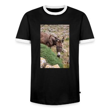Donkey on a field Landscape Mykonos Island - Men's Ringer Shirt - black/white - Front - AI Model Female 172 light (172cm) & AI Model Male 178 light (178cm)