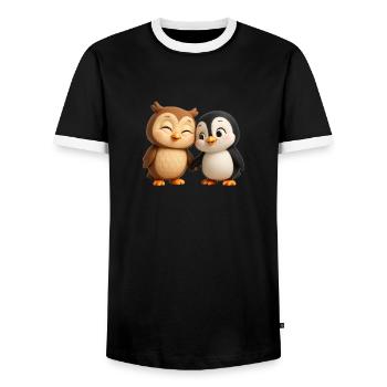 Tierpaar Eule & Pinguin - Männer Kontrast-T-Shirt - Schwarz/Weiß - Vorne - AI Model Female 172 light (172cm) & AI Model Male 178 light (178cm)