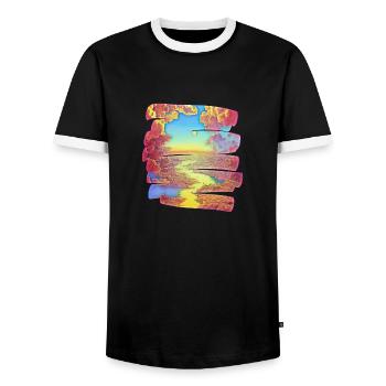 Brushstroke Dreamland with River | Gift - Men's Ringer Shirt - black/white - Front - AI Model Female 172 light (172cm) & AI Model Male 178 light (178cm)