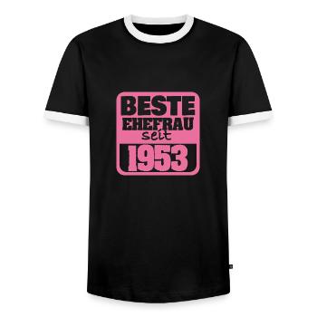 Jahr 1953 - Männer Kontrast-T-Shirt - Schwarz/Weiß - Vorne - AI Model Female 172 light (172cm) & AI Model Male 178 light (178cm)