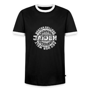 Geschenk Jaiden - Männer Kontrast-T-Shirt - Schwarz/Weiß - Vorne - AI Model Female 172 light (172cm) & AI Model Male 178 light (178cm)