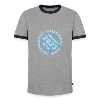 Year 2023 - Men's Ringer Shirt - grey/navy  - Front - AI Model Female 172 light (172cm) & AI Model Male 178 light (178cm)