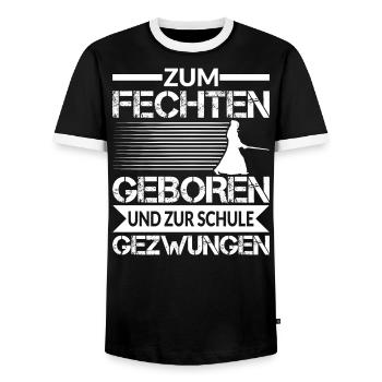 ZUM FECHTEN GEBOREN UND ZUR SCHULE GEZWUNGEN - Männer Kontrast-T-Shirt - Schwarz/Weiß - Vorne - AI Model Female 172 light (172cm) & AI Model Male 178 light (178cm)