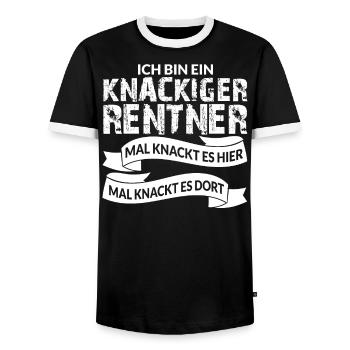 ICH BIN EIN KNACKIGER RENTNER - Männer Kontrast-T-Shirt - Schwarz/Weiß - Vorne - AI Model Female 172 light (172cm) & AI Model Male 178 light (178cm)