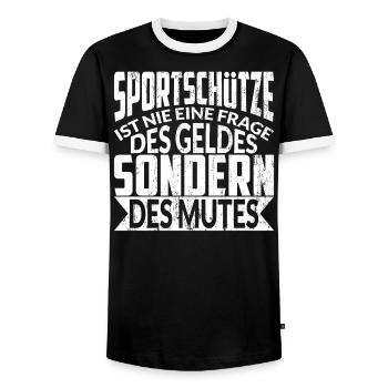 SPORTSCHÜTZE IST NIE EINE FRAGE DES GELDES - Männer Kontrast-T-Shirt - Schwarz/Weiß - Vorne - AI Model Female 172 light (172cm) & AI Model Male 178 light (178cm)