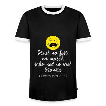 Heul no fest, na musch scho ned so viel bronza. - Männer Kontrast-T-Shirt - Schwarz/Weiß - Vorne - AI Model Female 172 light (172cm) & AI Model Male 178 light (178cm)