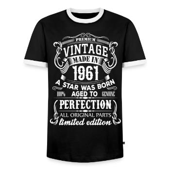 Vintage 1961 - Men's Ringer Shirt - black/white - Front - AI Model Female 172 light (172cm) & AI Model Male 178 light (178cm)