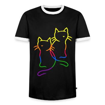 80er 90er Retro Katzen Regenbogen LGBT Katze - Männer Kontrast-T-Shirt - Schwarz/Weiß - Vorne - AI Model Female 172 light (172cm) & AI Model Male 178 light (178cm)