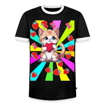 des années 80 Teen Été Fraise Chat Chats Enfant Coeur - T-shirt contrasté Homme - noir/blanc - Devant - AI Model Female 172 light (172cm) & AI Model Male 178 light (178cm)