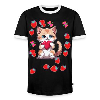 80er Retro Katze Katzen Erdbeeren Erdbeer Kinder - Männer Kontrast-T-Shirt - Schwarz/Weiß - Vorne - AI Model Female 172 light (172cm) & AI Model Male 178 light (178cm)