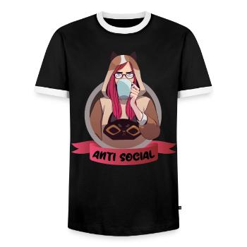 Anti Social Motiv Anime Stil Waifu mit Kaffeetasse - Männer Kontrast-T-Shirt - Schwarz/Weiß - Vorne - AI Model Female 172 light (172cm) & AI Model Male 178 light (178cm)