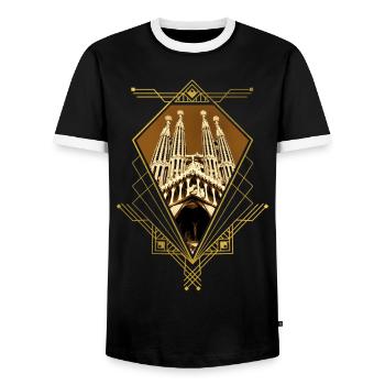 Barcelona Spain City Skyline Gold Ornament - Men's Ringer Shirt - black/white - Front - AI Model Female 172 light (172cm) & AI Model Male 178 light (178cm)