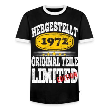 Hergestellt 1972 - Männer Kontrast-T-Shirt - Schwarz/Weiß - Vorne - AI Model Female 172 light (172cm) & AI Model Male 178 light (178cm)