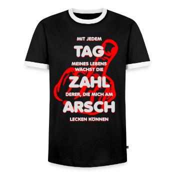 leck mich am arsch - Männer Kontrast-T-Shirt - Schwarz/Weiß - Vorne - AI Model Female 172 light (172cm) & AI Model Male 178 light (178cm)