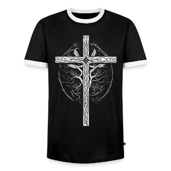 Crucifix croyant symbole Dieu - T-shirt contrasté Homme - noir/blanc - Devant - AI Model Female 172 light (172cm) & AI Model Male 178 light (178cm)