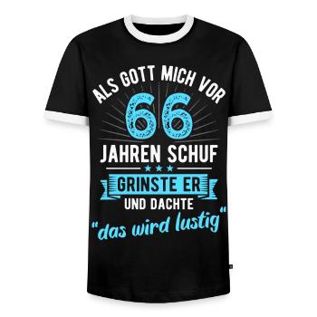 66. Geburtstag als Gott mich vor 66 Jahren schuf - Männer Kontrast-T-Shirt - Schwarz/Weiß - Vorne - AI Model Female 172 light (172cm) & AI Model Male 178 light (178cm)