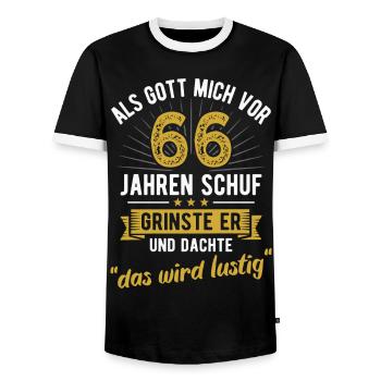 66. Geburtstag als Gott mich vor 66 Jahren schuf - Männer Kontrast-T-Shirt - Schwarz/Weiß - Vorne - AI Model Female 172 light (172cm) & AI Model Male 178 light (178cm)