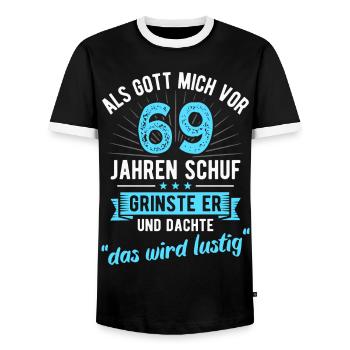 69. Geburtstag als Gott mich vor 69 Jahren schuf - Männer Kontrast-T-Shirt - Schwarz/Weiß - Vorne - AI Model Female 172 light (172cm) & AI Model Male 178 light (178cm)