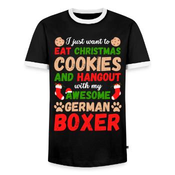 Christmas German Boxer Cookies - Men's Ringer Shirt - black/white - Front - AI Model Female 172 light (172cm) & AI Model Male 178 light (178cm)