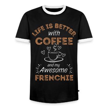 French Bulldog Coffee Dog Cafe - Men's Ringer Shirt - black/white - Front - AI Model Female 172 light (172cm) & AI Model Male 178 light (178cm)
