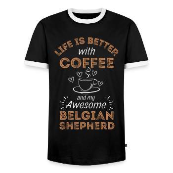 Belgian Shepherd Malinois Coffee Dog Cafe - Men's Ringer Shirt - black/white - Front - AI Model Female 172 light (172cm) & AI Model Male 178 light (178cm)