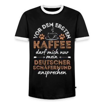 German Shepherd Coffee Dog Cafe - Men's Ringer Shirt - black/white - Front - AI Model Female 172 light (172cm) & AI Model Male 178 light (178cm)