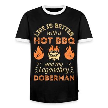BBQ Grillen und Dobermann Hund Liebhaber - Männer Kontrast-T-Shirt - Schwarz/Weiß - Vorne - AI Model Female 172 light (172cm) & AI Model Male 178 light (178cm)