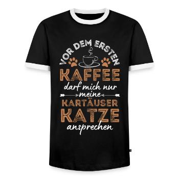 Carthusian Cat Coffee Cafe - Men's Ringer Shirt - black/white - Front - AI Model Female 172 light (172cm) & AI Model Male 178 light (178cm)