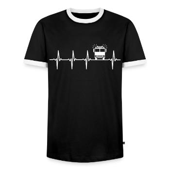 Pompier battant le cœur du camion de pompiers - T-shirt contrasté Homme - noir/blanc - Devant - AI Model Female 172 light (172cm) & AI Model Male 178 light (178cm)