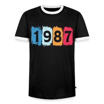 T-shirt rétro 1987 87 millésime 1987 - T-shirt contrasté Homme - noir/blanc - Devant - AI Model Female 172 light (172cm) & AI Model Male 178 light (178cm)