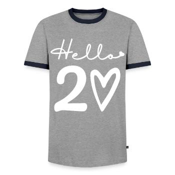 hello 20. 20th birthday - Men's Ringer Shirt - grey/navy  - Front - AI Model Female 172 light (172cm) & AI Model Male 178 light (178cm)