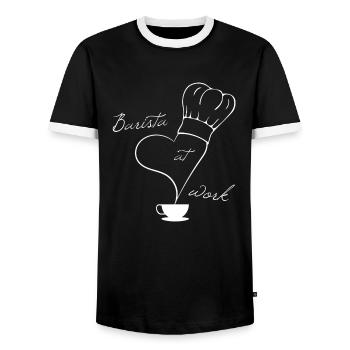 Barista at work, preparing coffee - Men's Ringer Shirt - black/white - Front - AI Model Female 172 light (172cm) & AI Model Male 178 light (178cm)