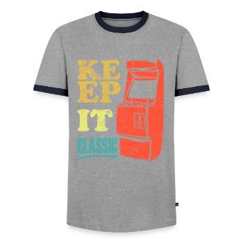 Keep It Classic - Retro 90er Arcade-Spiele - Männer Kontrast-T-Shirt - Grau/Navy  - Vorne - AI Model Female 172 light (172cm) & AI Model Male 178 light (178cm)