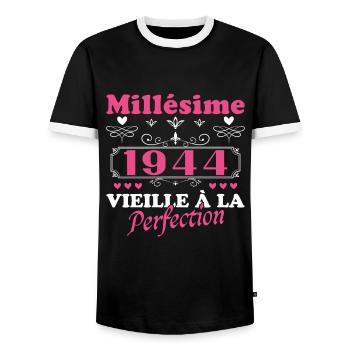 Woman Vintage 1944 Gift Birthday Humor - Men's Ringer Shirt - black/white - Front - AI Model Female 172 light (172cm) & AI Model Male 178 light (178cm)