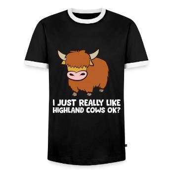 Amoureux des vaches des Highlands J’aime les vaches des Highlands - T-shirt contrasté Homme - noir/blanc - Devant - AI Model Female 172 light (172cm) & AI Model Male 178 light (178cm)