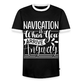 NAVIGATION IST WENN DU SOWIESO ANKOMMST - Männer Kontrast-T-Shirt - Schwarz/Weiß - Vorne - AI Model Female 172 light (172cm) & AI Model Male 178 light (178cm)